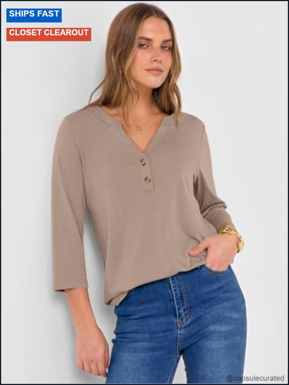 Women 3/4 Sleeve V Neck Henley Tunic Top Loose Fit Office Casual Tee - Picture 4 of 6